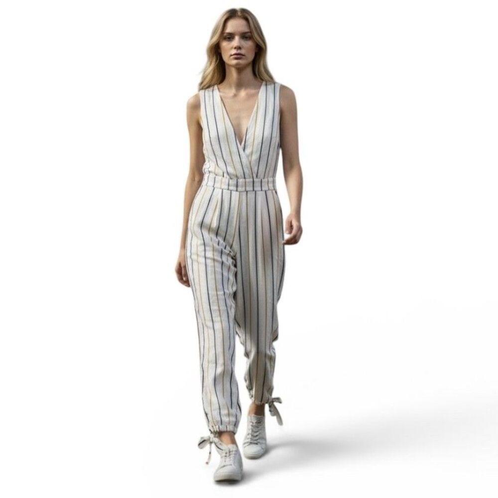 Tularosa Jumpsuit Womens Small White Striped V Neck One Piece Backless Tie Hem